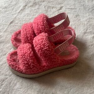 UGG Pink Shearling Double-Band Slide Sandals with Branded Heel Strap